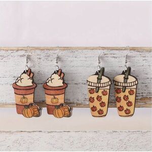 Pumpkin Spice Latte & Frappe Earrings 2 Pairs NWT Wooden Coffee Jewelry